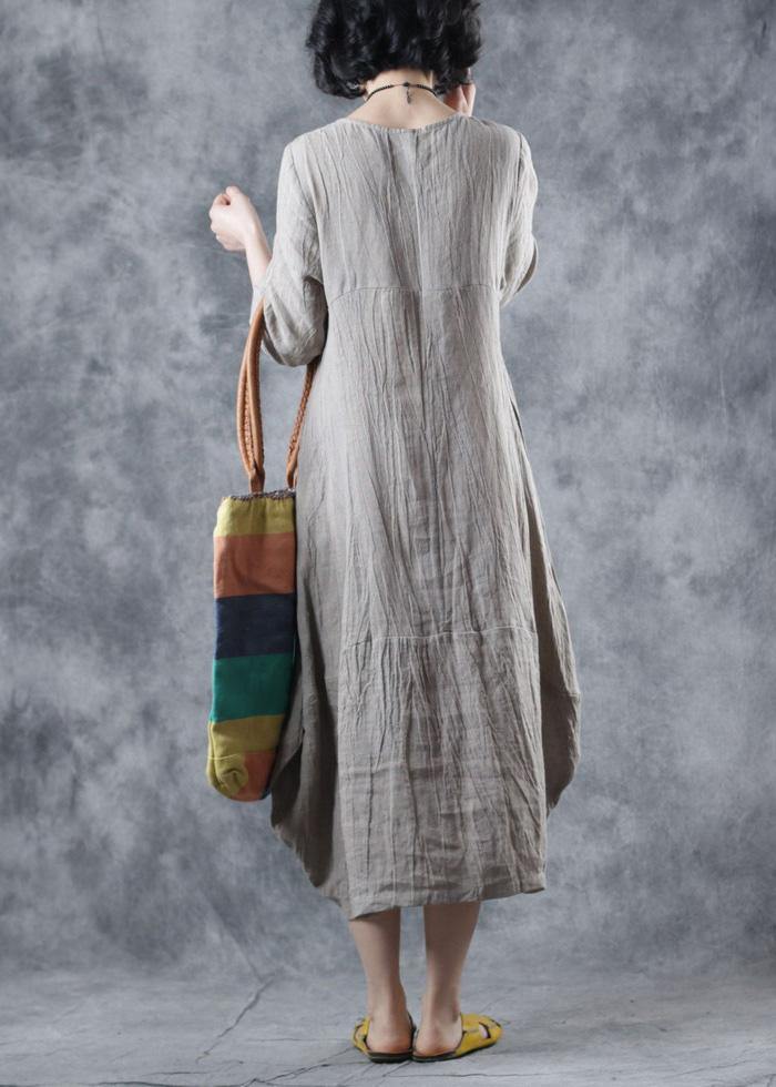 Women nude linen clothes o neck Dress - SooLinen