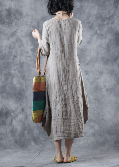 Women nude linen clothes o neck Dress - SooLinen
