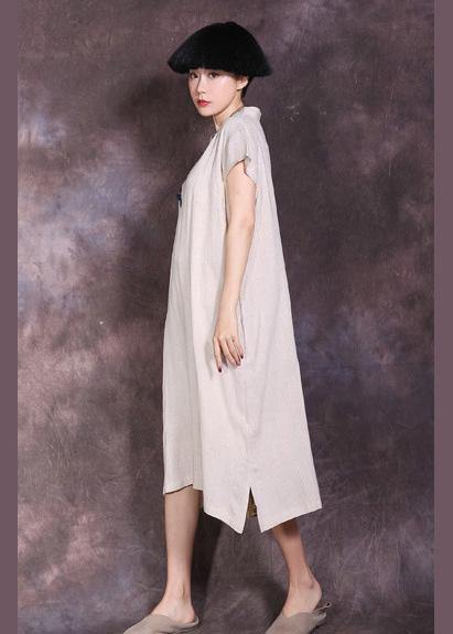 Women nude v neck linen dress side open Plus Size summer Dresses - SooLinen