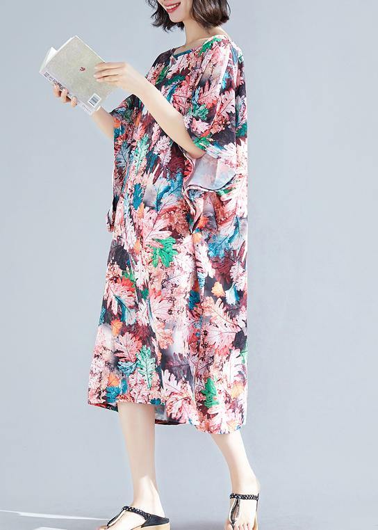 Women o neck Cotton quilting clothes Shape pink print Dresses summer - SooLinen