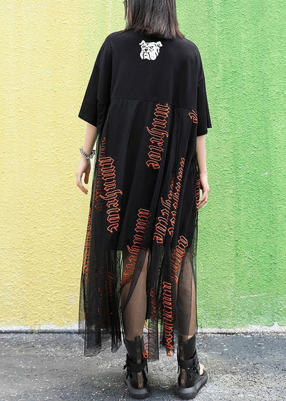 Women o neck Letter cotton summer Long pattern black Dresses - SooLinen