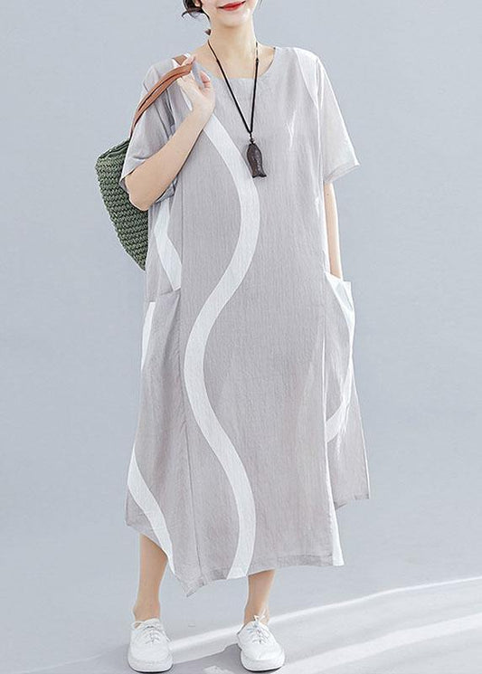 Women o neck asymmetric cotton clothes For Women design light gray striped Maxi Dresses summer - SooLinen