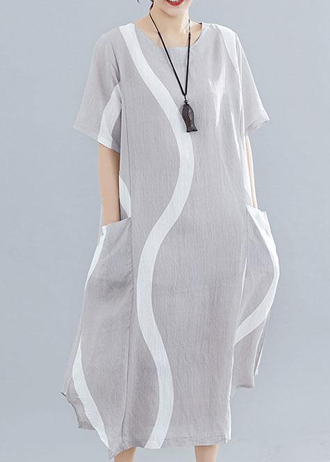 Women o neck asymmetric cotton clothes For Women design light gray striped Maxi Dresses summer - SooLinen