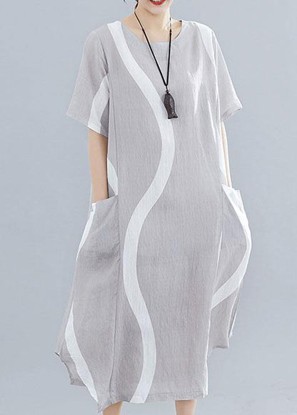 Women o neck asymmetric cotton clothes For Women design light gray striped Maxi Dresses summer - SooLinen