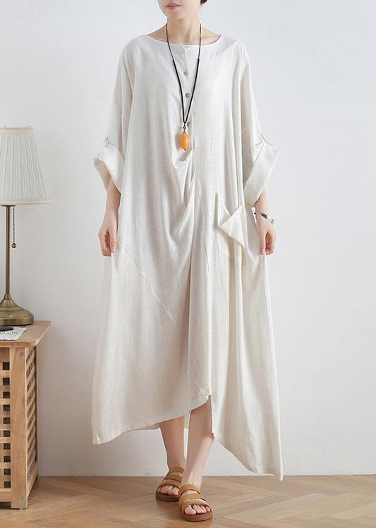Women o neck asymmetric cotton summer clothes Women Tutorials white loose Dresses - SooLinen