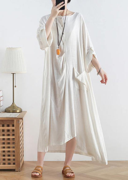 Women o neck asymmetric cotton summer clothes Women Tutorials white loose Dresses - SooLinen