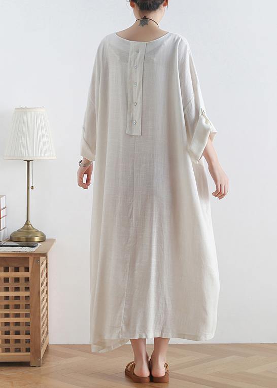 Women o neck asymmetric cotton summer clothes Women Tutorials white loose Dresses - SooLinen