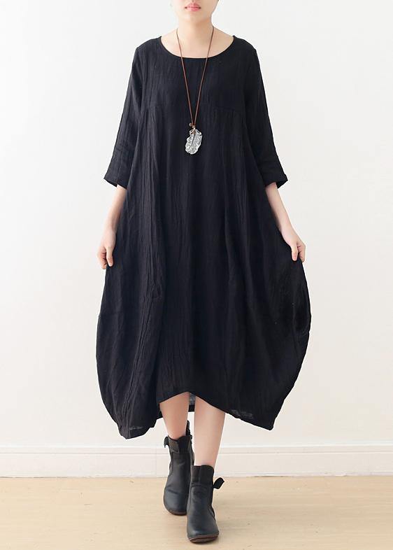 Women o neck asymmetric linen dress Wardrobes black Dress - SooLinen