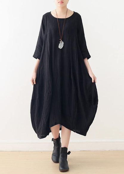 Women o neck asymmetric linen dress Wardrobes black Dress - SooLinen