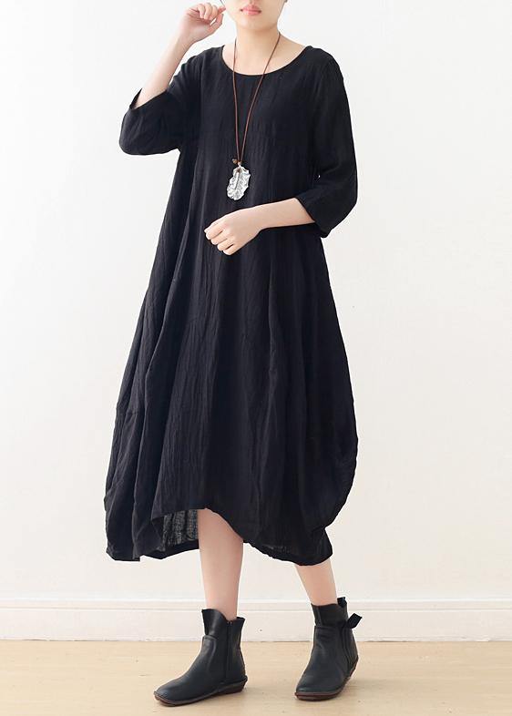 Women o neck asymmetric linen dress Wardrobes black Dress - SooLinen