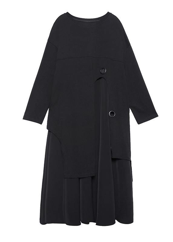 Women o neck asymmetric quilting clothes pattern black Plus Size Dress - SooLinen