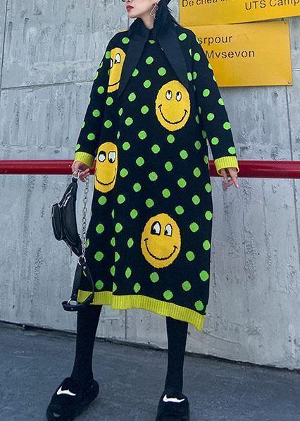 Women o neck baggy Sweater dress outfit plus size green dotted Fuzzy knitted dress - SooLinen