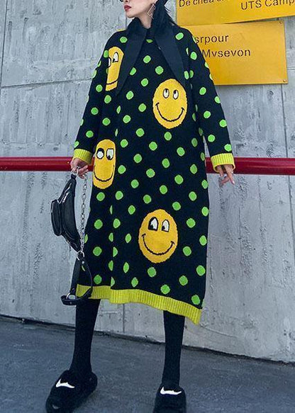 Women o neck baggy Sweater dress outfit plus size green dotted Fuzzy knitted dress - SooLinen