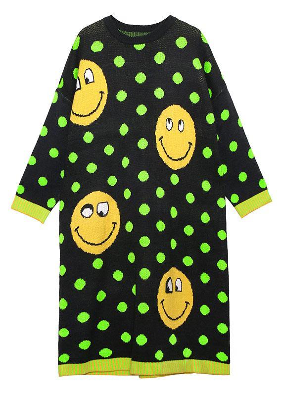 Women o neck baggy Sweater dress outfit plus size green dotted Fuzzy knitted dress - SooLinen