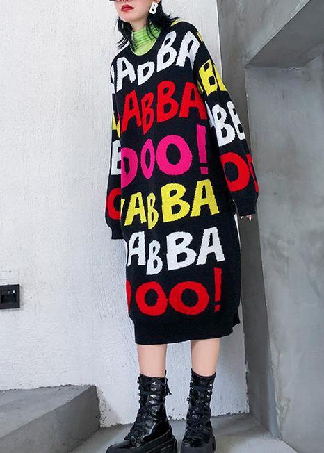 Women o neck baggy Sweater outfits Quotes black print Largo knit dresses - SooLinen
