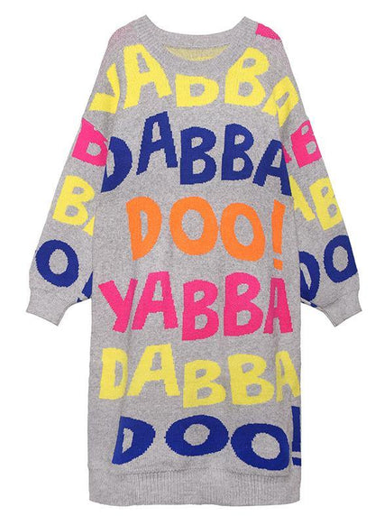 Women o neck baggy Sweater outfits Quotes black print Largo knit dresses - SooLinen