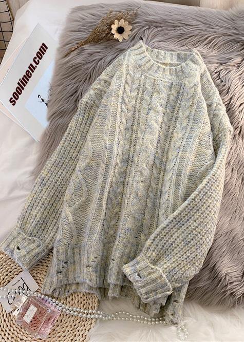 Women o neck beige white knitted blouse spring fashion thickbox top - SooLinen