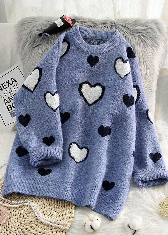 Women o neck blue knit sweat tops oversized love knitted pullover - SooLinen