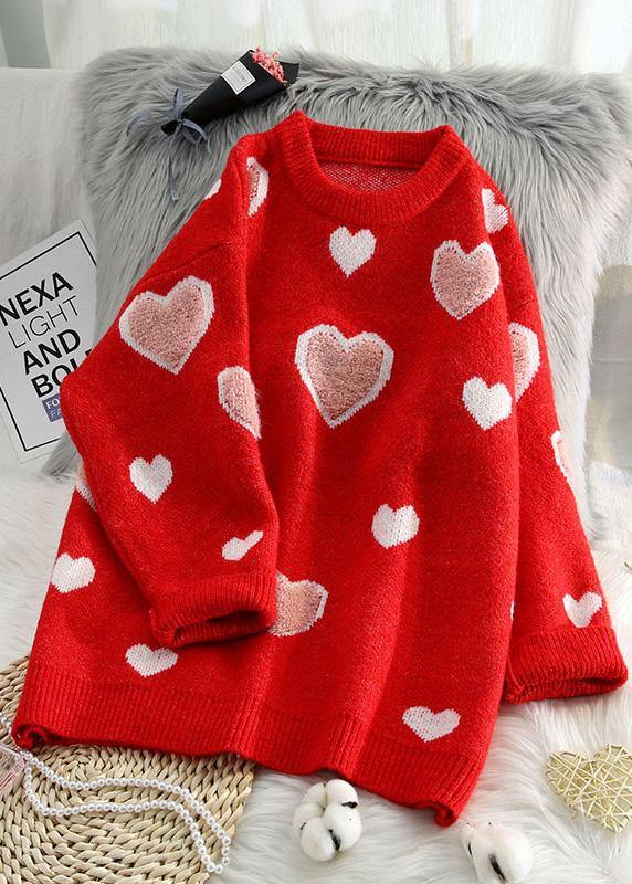 Women o neck blue knit sweat tops oversized love knitted pullover - SooLinen