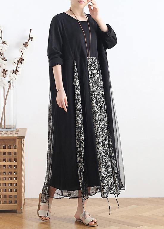 Women o neck clothes Women Tutorials black patchwork print Maxi Dresses - SooLinen