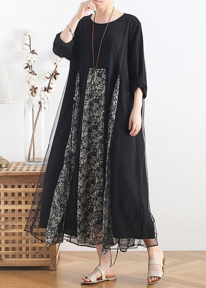 Women o neck clothes Women Tutorials black patchwork print Maxi Dresses - SooLinen
