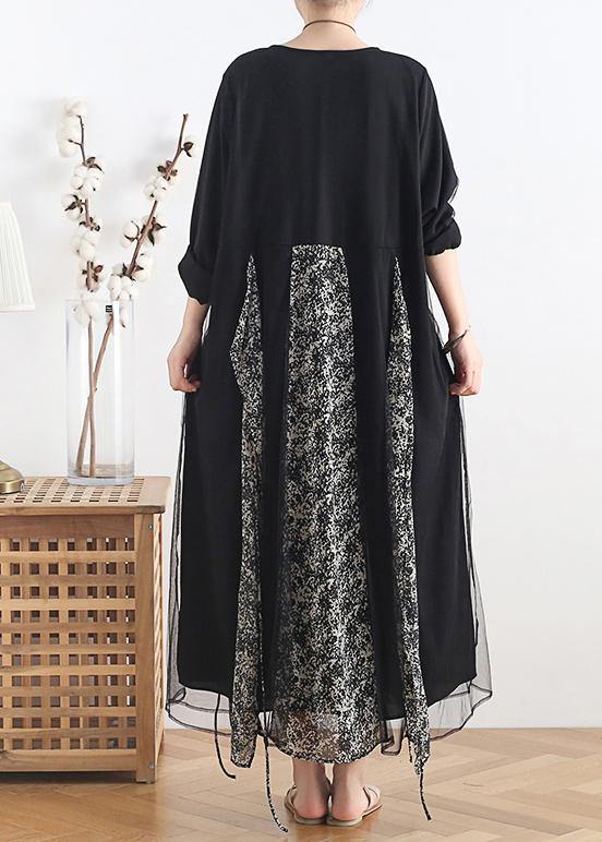 Women o neck clothes Women Tutorials black patchwork print Maxi Dresses - SooLinen