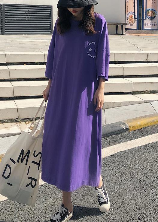 Women o neck cotton clothes pattern purple Maxi Dress summer - SooLinen