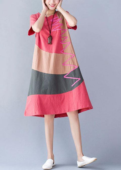 Women o neck cotton linen clothes Tunic Tops orange patchwork color Dresses summer - SooLinen