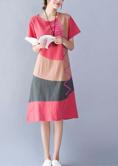 Women o neck cotton linen clothes Tunic Tops orange patchwork color Dresses summer - SooLinen