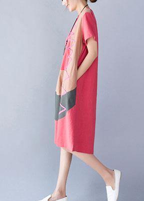 Women o neck cotton linen clothes Tunic Tops orange patchwork color Dresses summer - SooLinen