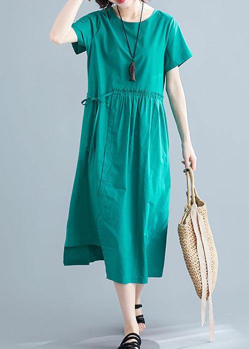Women o neck drawstring cotton linen quilting dresses Tutorials green Dress summer - SooLinen