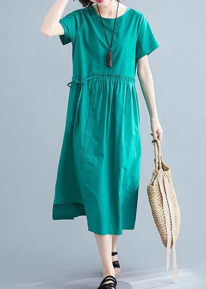 Women o neck drawstring cotton linen quilting dresses Tutorials green Dress summer - SooLinen