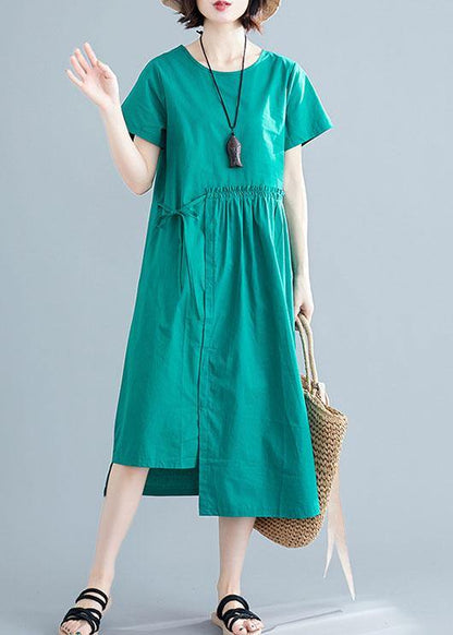 Women o neck drawstring cotton linen quilting dresses Tutorials green Dress summer - SooLinen