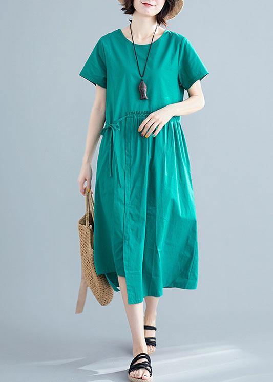 Women o neck drawstring cotton linen quilting dresses Tutorials green Dress summer - SooLinen