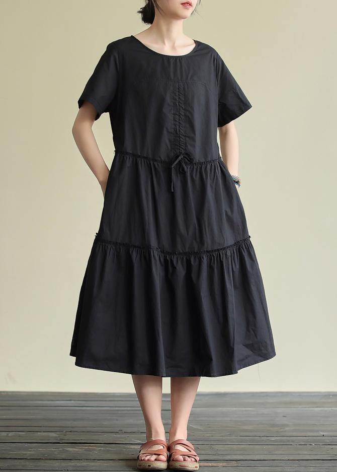 Women o neck drawstring cotton summer clothes For Women Wardrobes black cotton robes Dress - SooLinen
