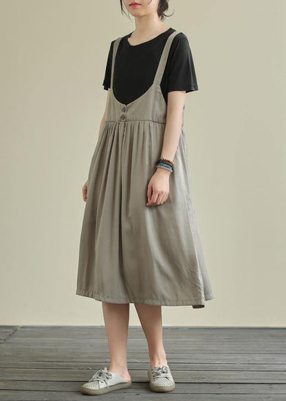 Women o neck false two pieces cotton summer quilting dresses gray Maxi Dress - SooLinen