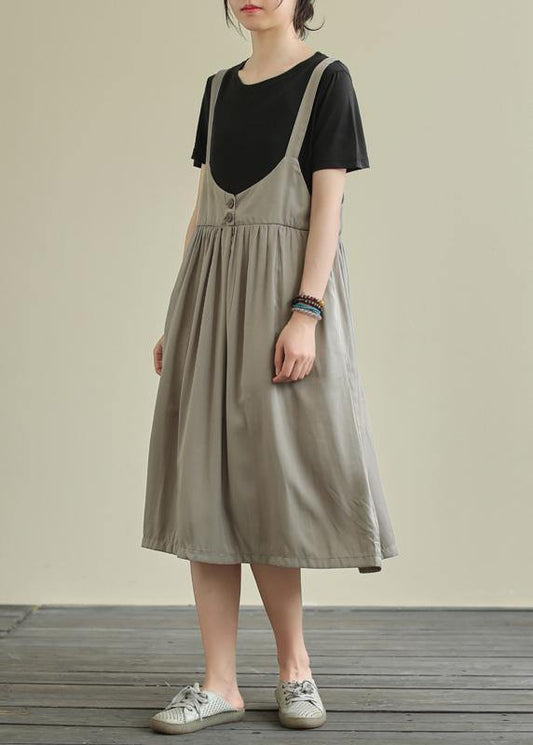 Women o neck false two pieces cotton summer quilting dresses gray Maxi Dress - SooLinen