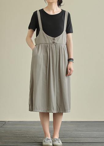 Women o neck false two pieces cotton summer quilting dresses gray Maxi Dress - SooLinen