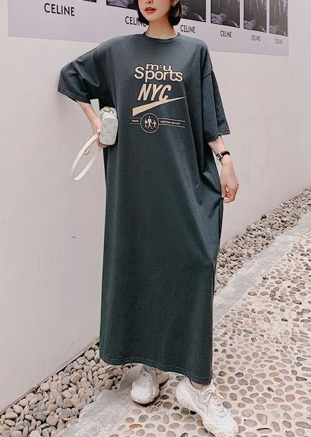 Women o neck half sleeve summer Wardrobes Work gray Letter Maxi Dress - SooLinen