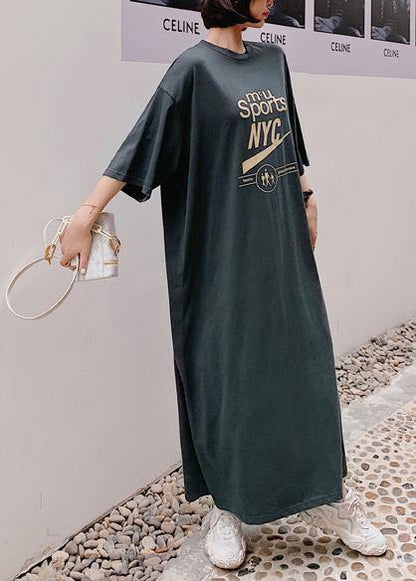 Women o neck half sleeve summer Wardrobes Work gray Letter Maxi Dress - SooLinen