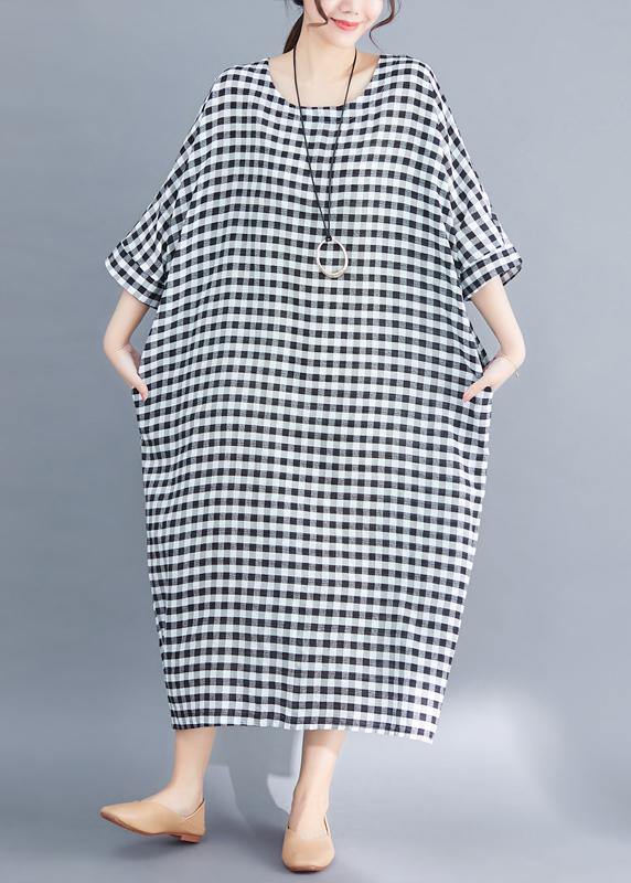 Women o neck linen cotton Robes Shirts gray white plaid Plus Size Clothing Dresses summer - SooLinen