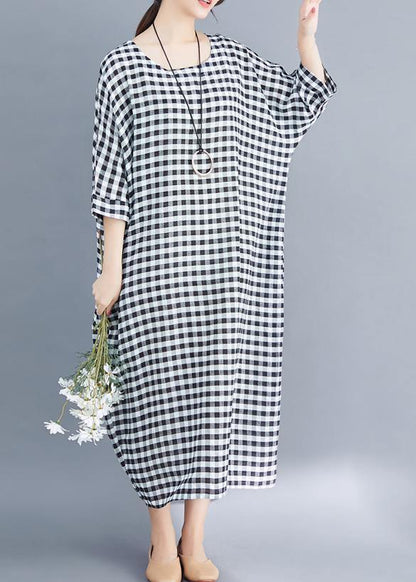 Women o neck linen cotton Robes Shirts gray white plaid Plus Size Clothing Dresses summer - SooLinen