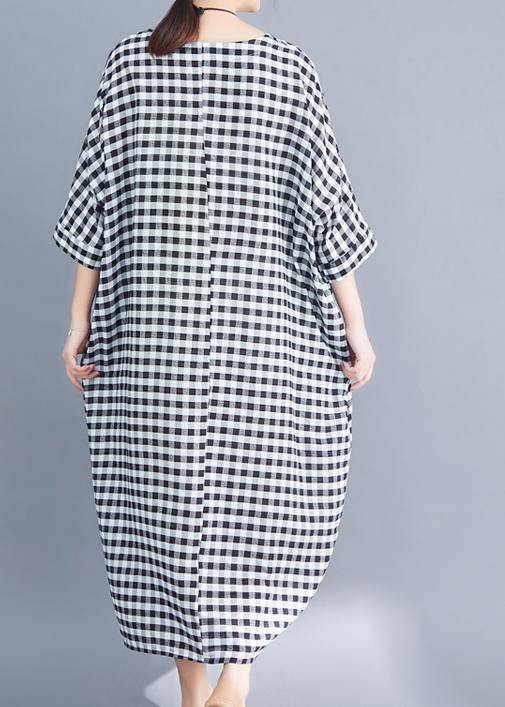 Women o neck linen cotton Robes Shirts gray white plaid Plus Size Clothing Dresses summer - SooLinen