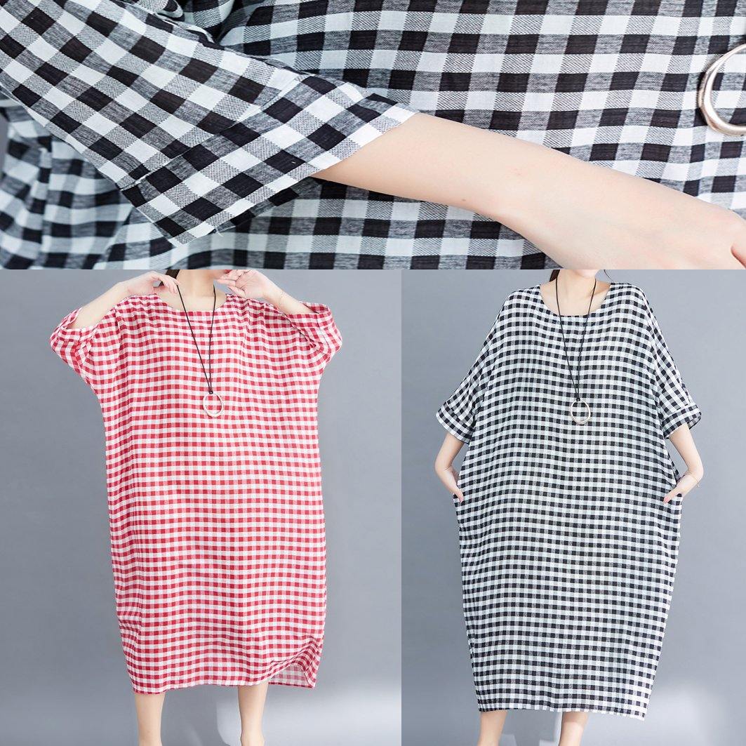 Women o neck linen cotton Robes Shirts gray white plaid Plus Size Clothing Dresses summer - SooLinen