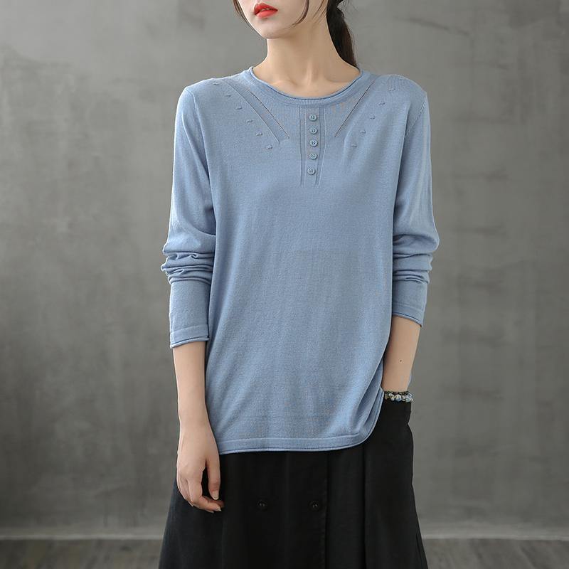 Women o neck long sleeve fall shirts pattern blue blouse - SooLinen