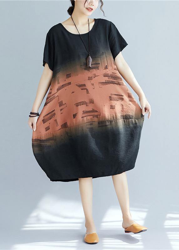 Women o neck patchwork Cotton dress khaki print Dresses summer - SooLinen