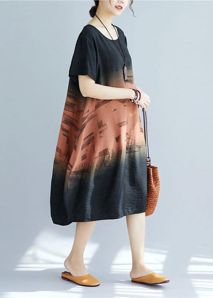 Women o neck patchwork Cotton dress khaki print Dresses summer - SooLinen