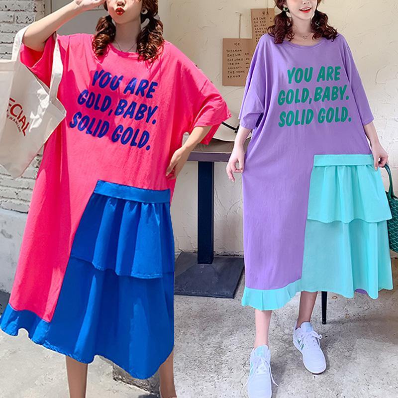 Women o neck patchwork dress rose Letter Traveling Dresses - SooLinen
