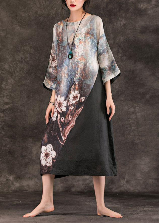 Women o neck patchwork linen clothes For Women Runway black print Dress summer - SooLinen