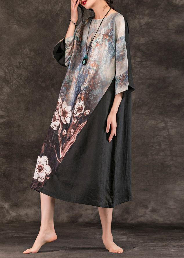 Women o neck patchwork linen clothes For Women Runway black print Dress summer - SooLinen